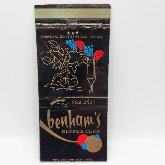Benham's Supper Club Other - Vintage Matchbook Benham's Supper Club Casper Wyoming Restaurant Memorabilia